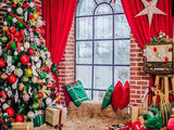 Laden Sie das Bild in den Galerie-Viewer, Fox Christmas Tree Window Red Curtain Fabric/Vinyl Backdrop